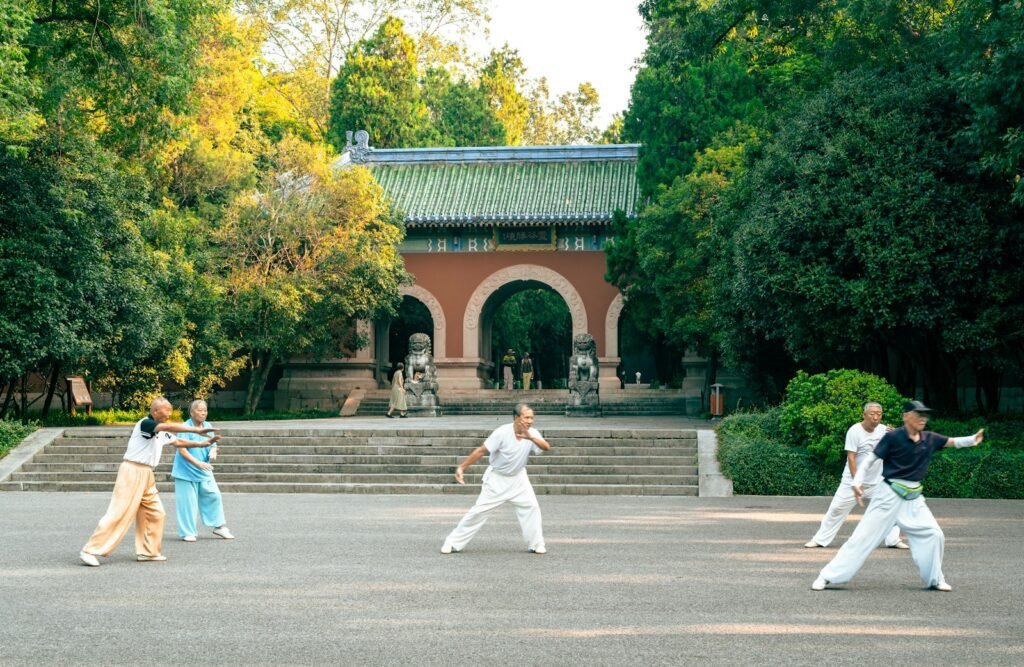 Group tai chi practice in a park