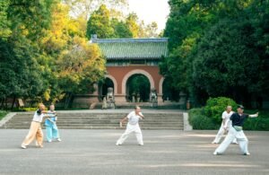Group tai chi practice in a park